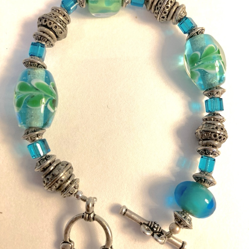 Silver, Green and Blue Art Glass Bracelet with Decorative Spacers